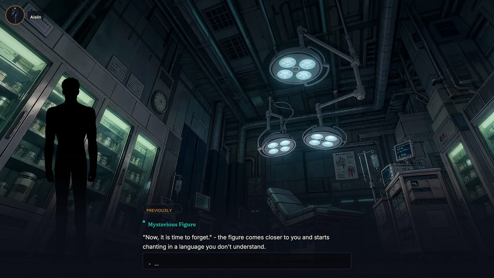 A dark laboratory. A silhouetted figure says it is time to forget.